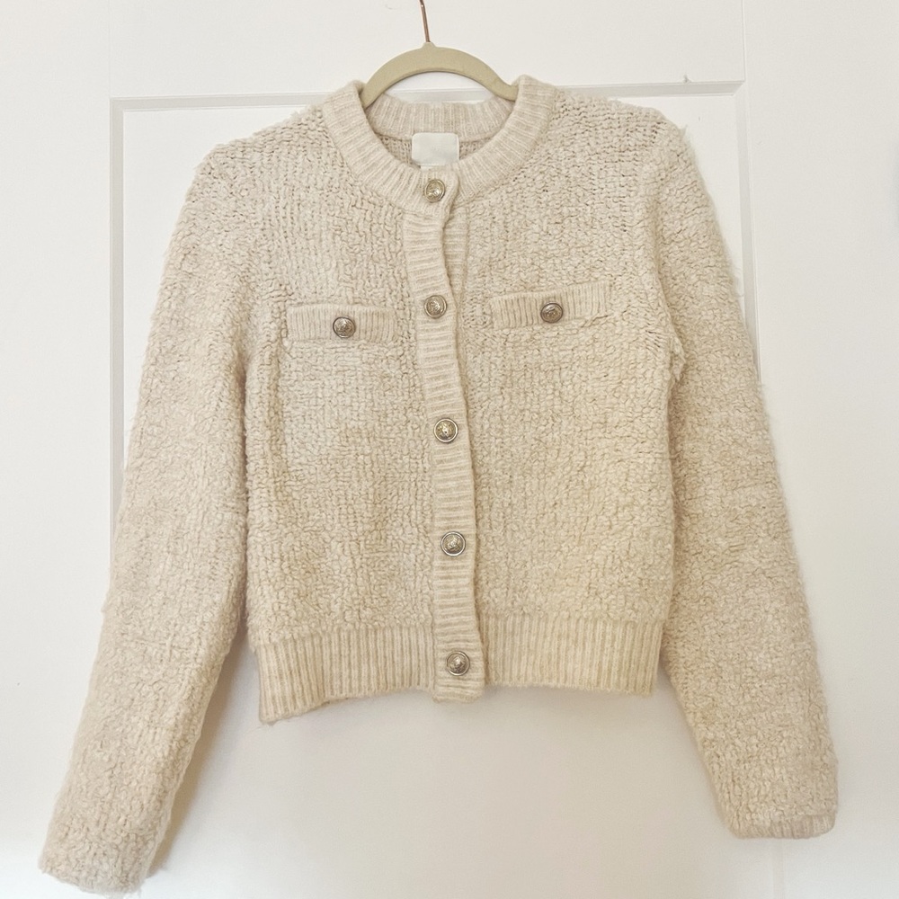 H&M Wool Knit Boucle Cream Cardigan Sweater Size Small